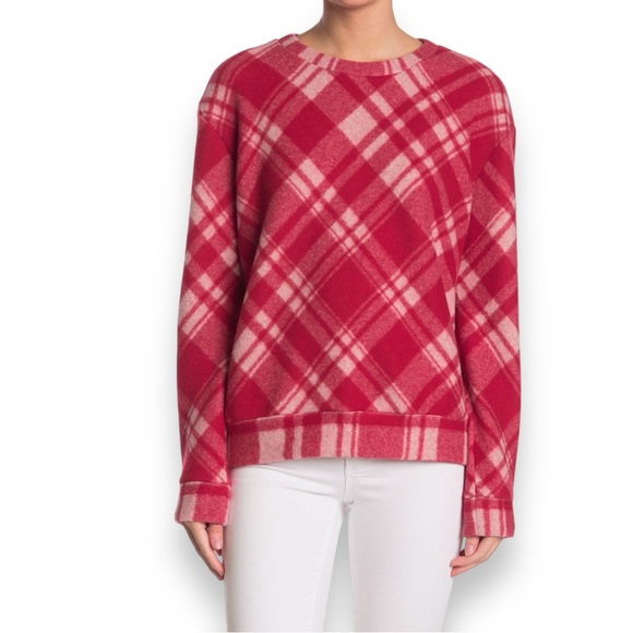 MICHAEL STARS Red & White Plaid Remi Pullover Sweater Fuzzy Sweatshirt - Picture 1 of 14